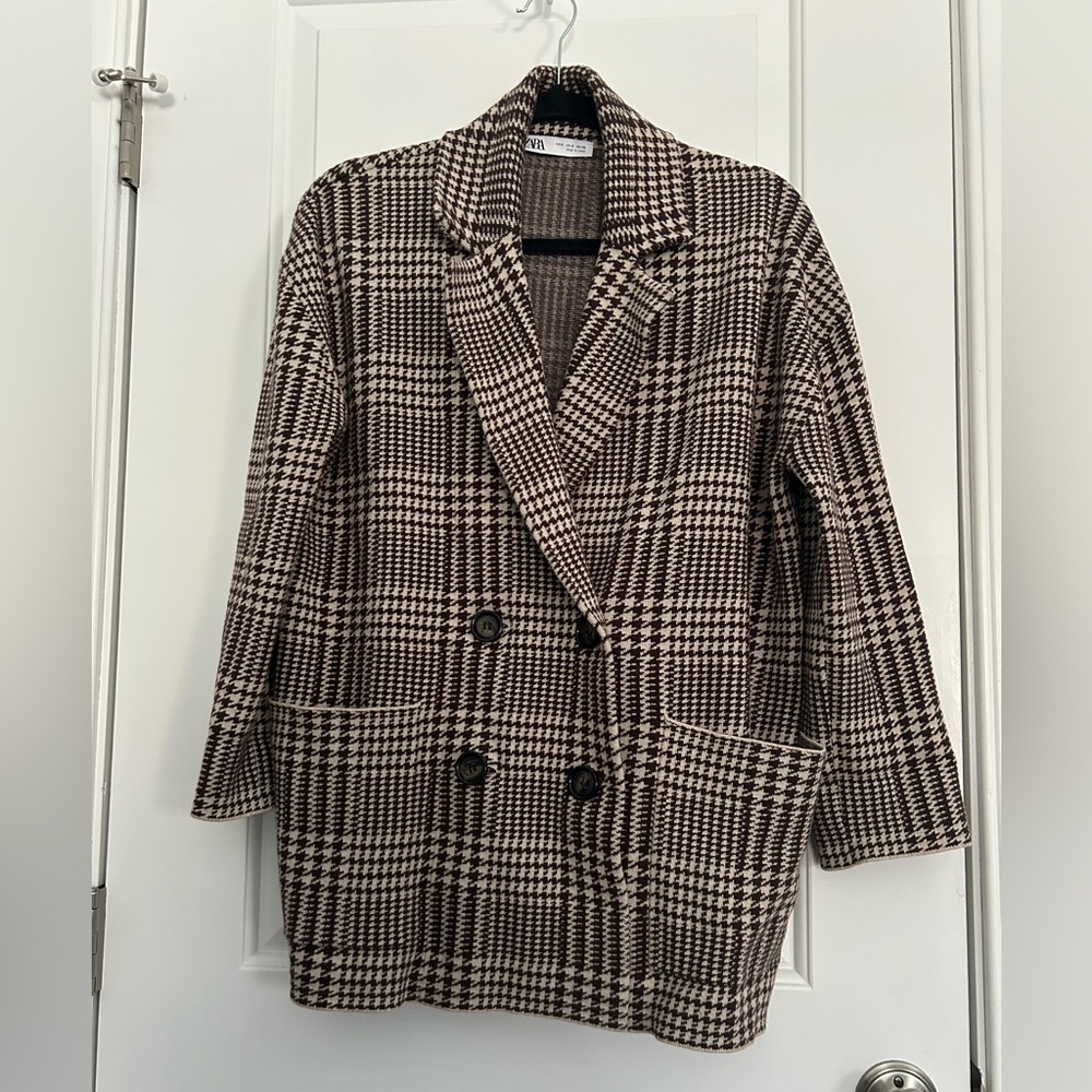Zara Houndstooth Brown Tan Sweater Blazer - Picture 2 of 6